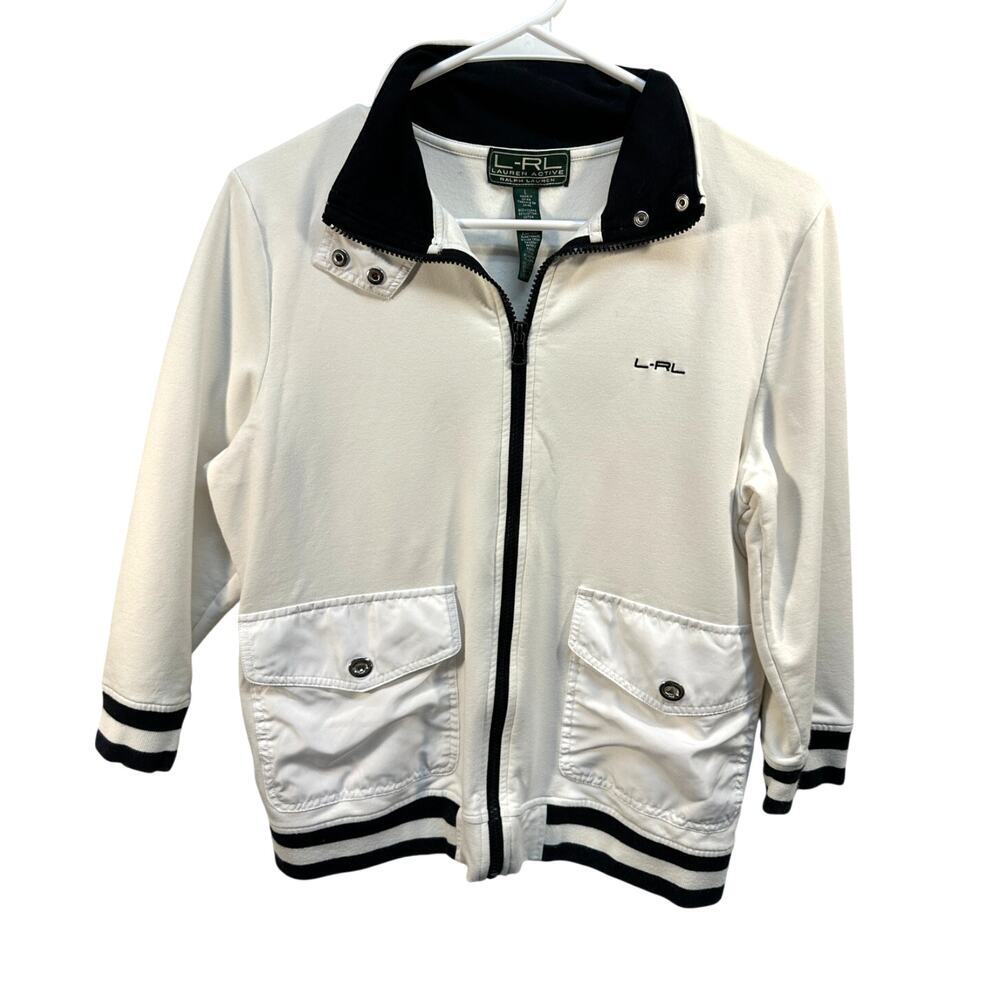 Lauren Ralph Lauren Active White Black Striped Zip Track‎ Jacket Mock Neck Large